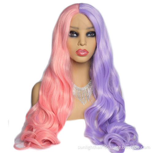 Sunlight body Wavy Half Pink and Half Purple Synthetic Lace Front Wigs for Women Middle Part Cosplay synthetic fiber hair wig
